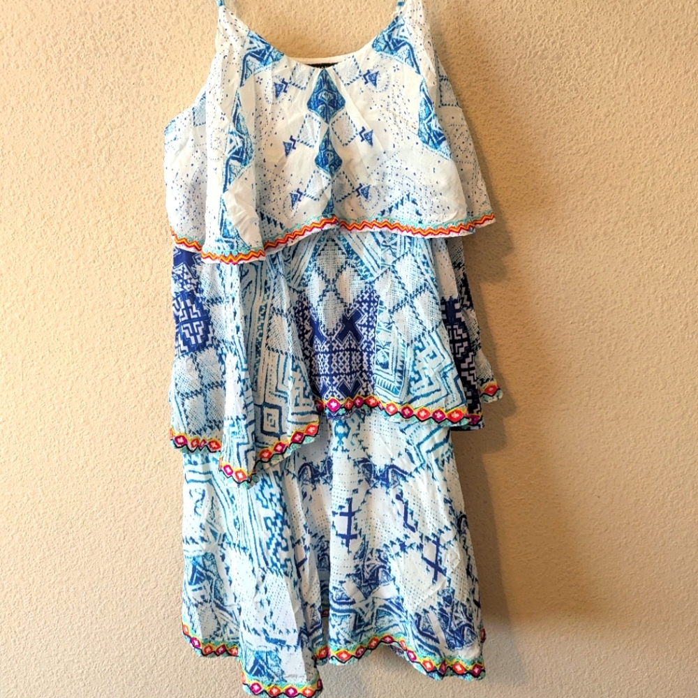 HEMANT & NANDITA White and Blue Printed Tiered Maxi Dress with Multicolor Trim